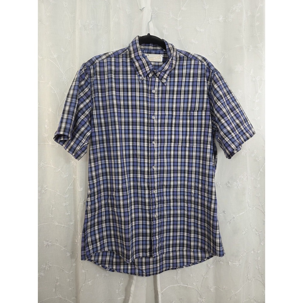 Arnold Palmer‎ VTG Blue Black Plaid Short Sleeve Button Shirt Large